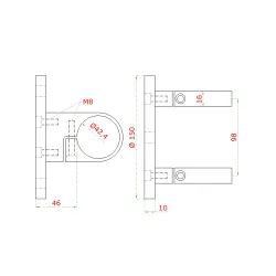 Úchyt na bočné kotvenie stĺpu ø 42.4mm, (kotviaca platňa ø 150 /10mm), brúsená nerez K320 /AISI304 Úchyt na bočné kotvenie stĺpu ø 42.4mm, (kotviaca platňa ø 150 /10mm), brúsená nerez K320 /AISI304